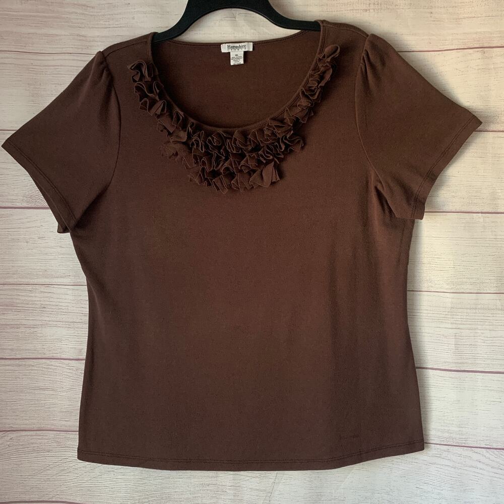 Hampshire Studio Brown Ruffle Rosette Blouse Scoop Neck Short Sleeve Size XL